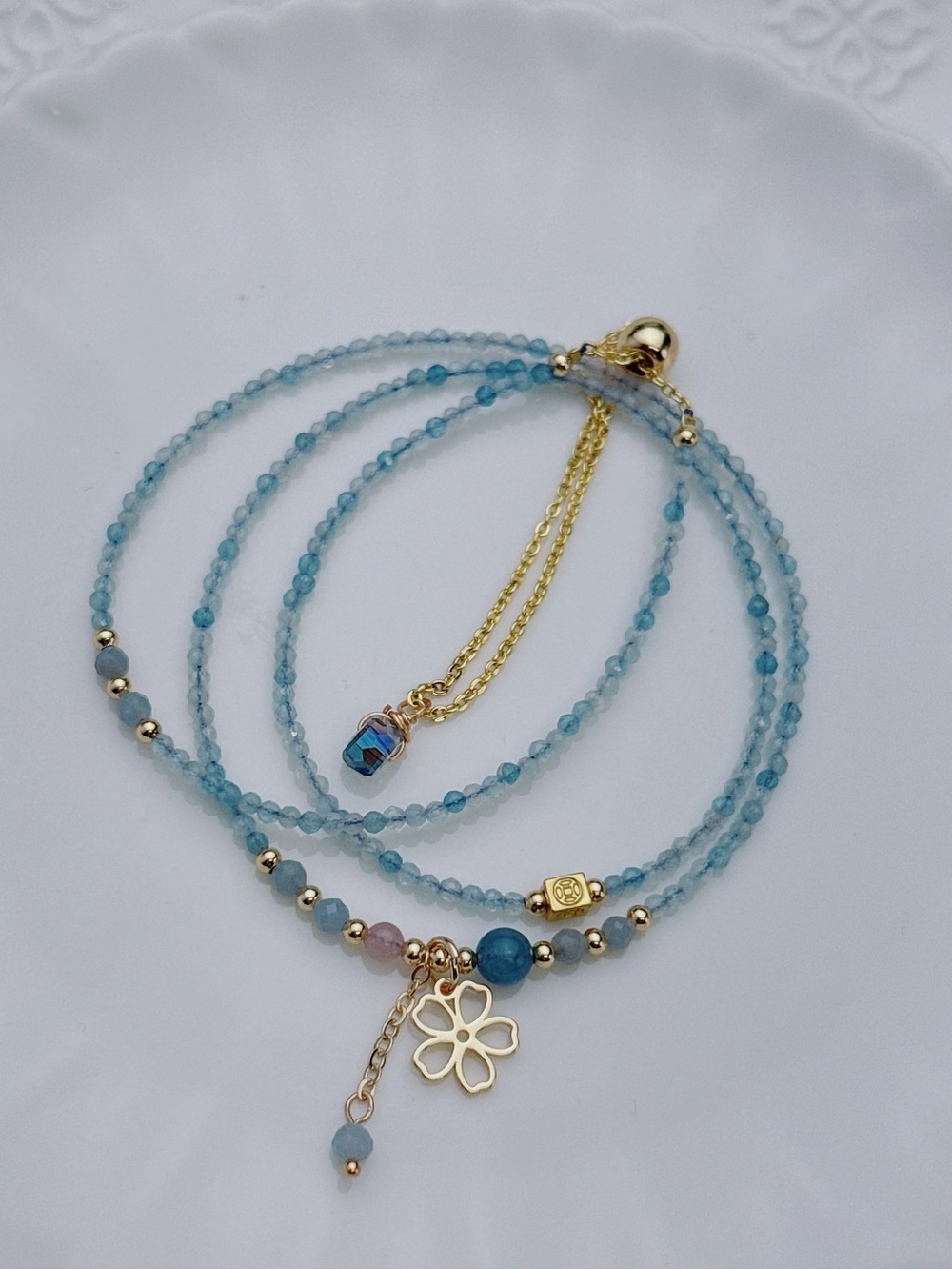 GB97 Handmade Aqua Marine Tripe Layer Bracelet Necklace 2in1 20+5” - Picture 4 of 6